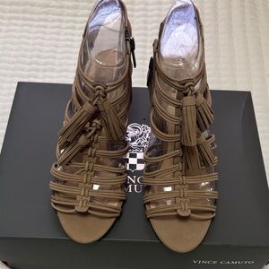 Vince Camuto Strappy Tassel Heeled Sandals in Taupe